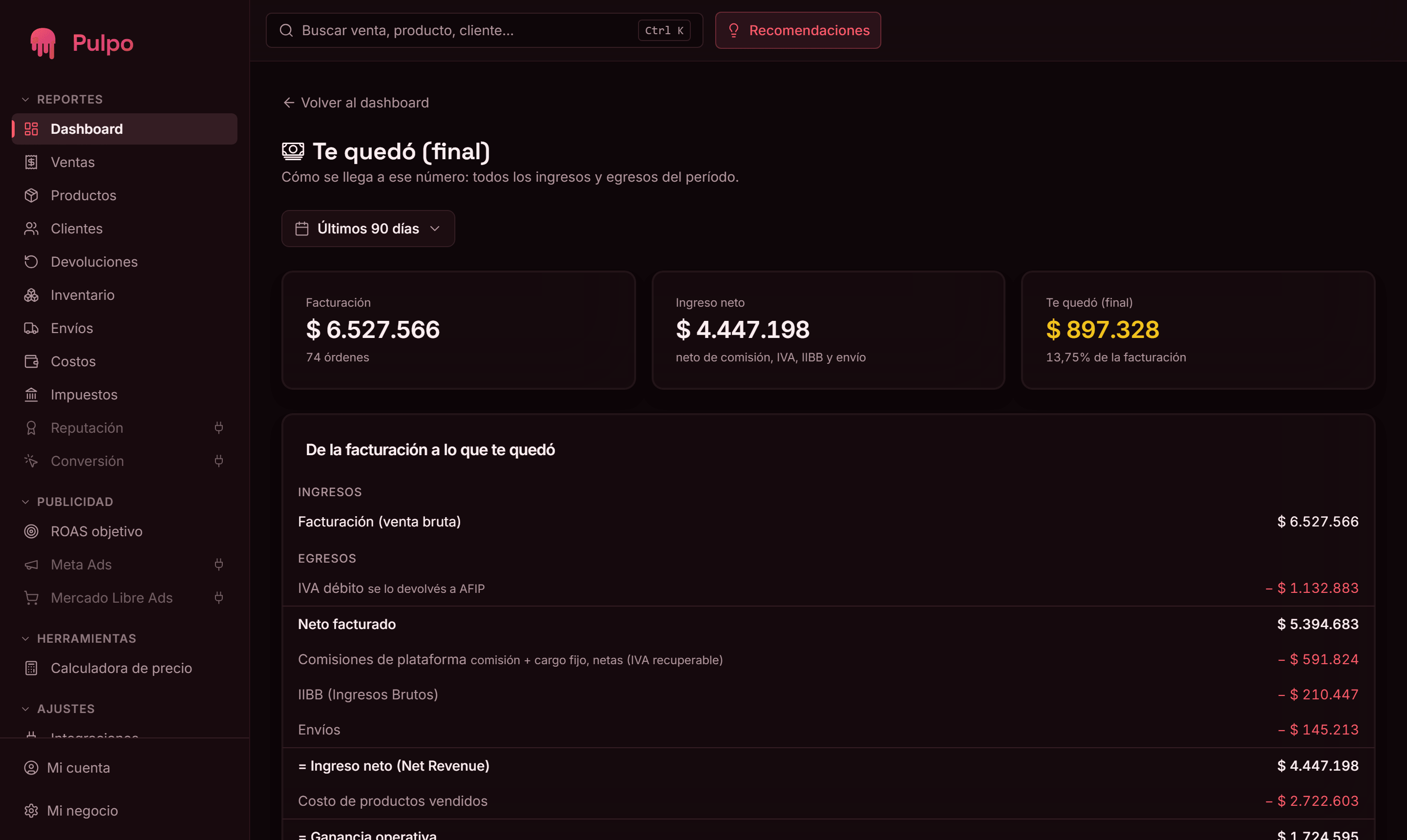 El desglose de Pulpo: de $6.527.566 de facturación a lo que quedó, restando comisiones, Ingresos Brutos, envíos, costo de mercadería, costos fijos y publicidad