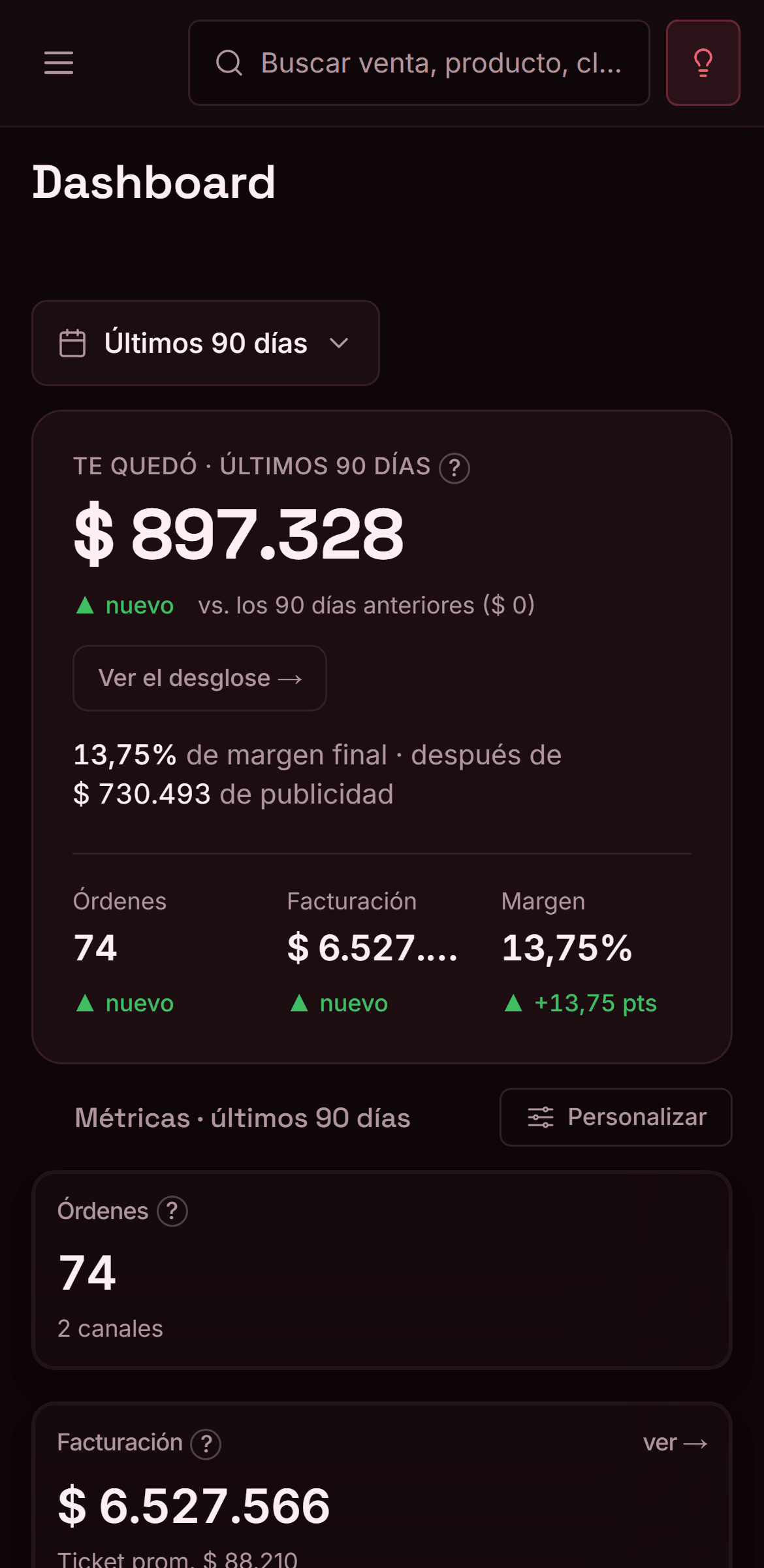 El panel de Pulpo en el teléfono: te quedó $897.328, con 13,75% de margen final