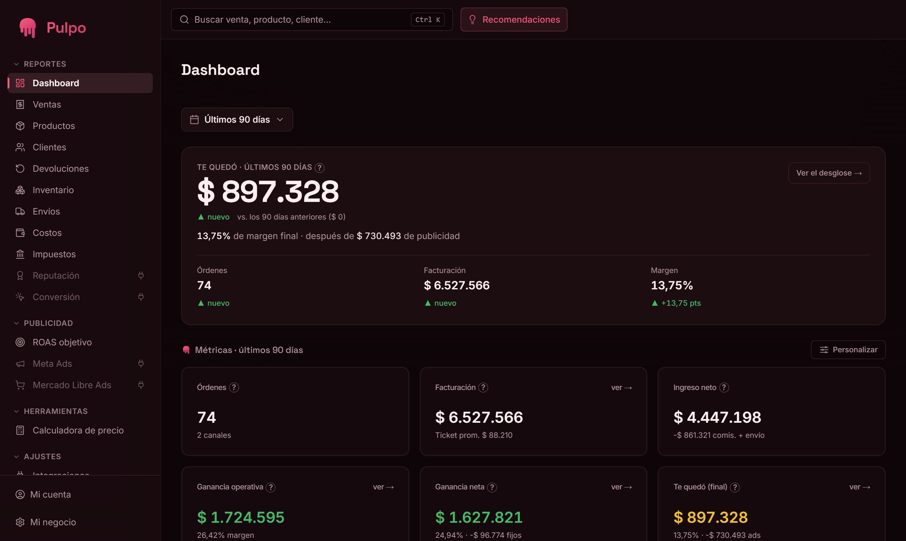 El panel de Pulpo: te quedó $897.328, 13,75% de margen final después de publicidad, con las órdenes, la facturación y el margen del período